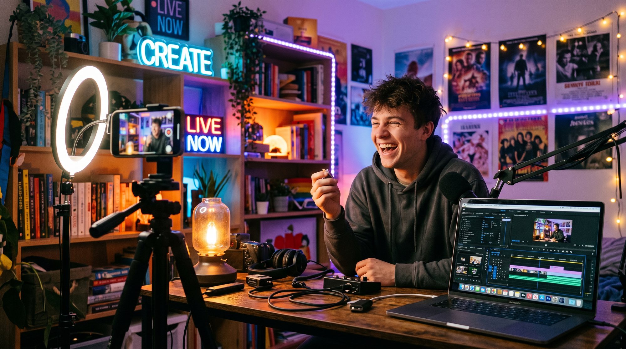 a creator filming a reel at his desk